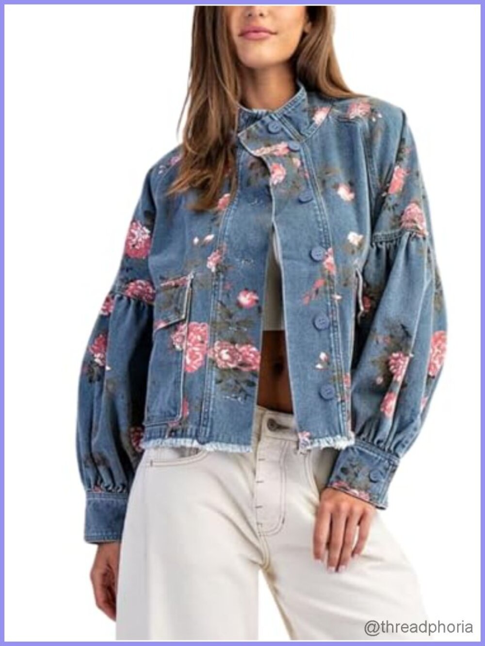 Women's Denim Bomber Jacket Balloon Sleeve Drawstring Waist Coat